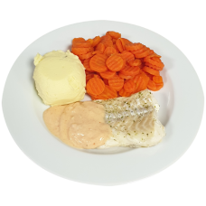 Kabeljauwfilet gepocheerd Veron vissaus Wortelschijfjes Aardappelpuree